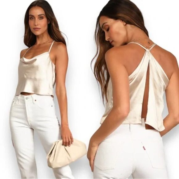 Lulu’s Hold Onto Love Beige Satin Cowl Neck Cami Tank Top Size Large - Picture 5 of 7